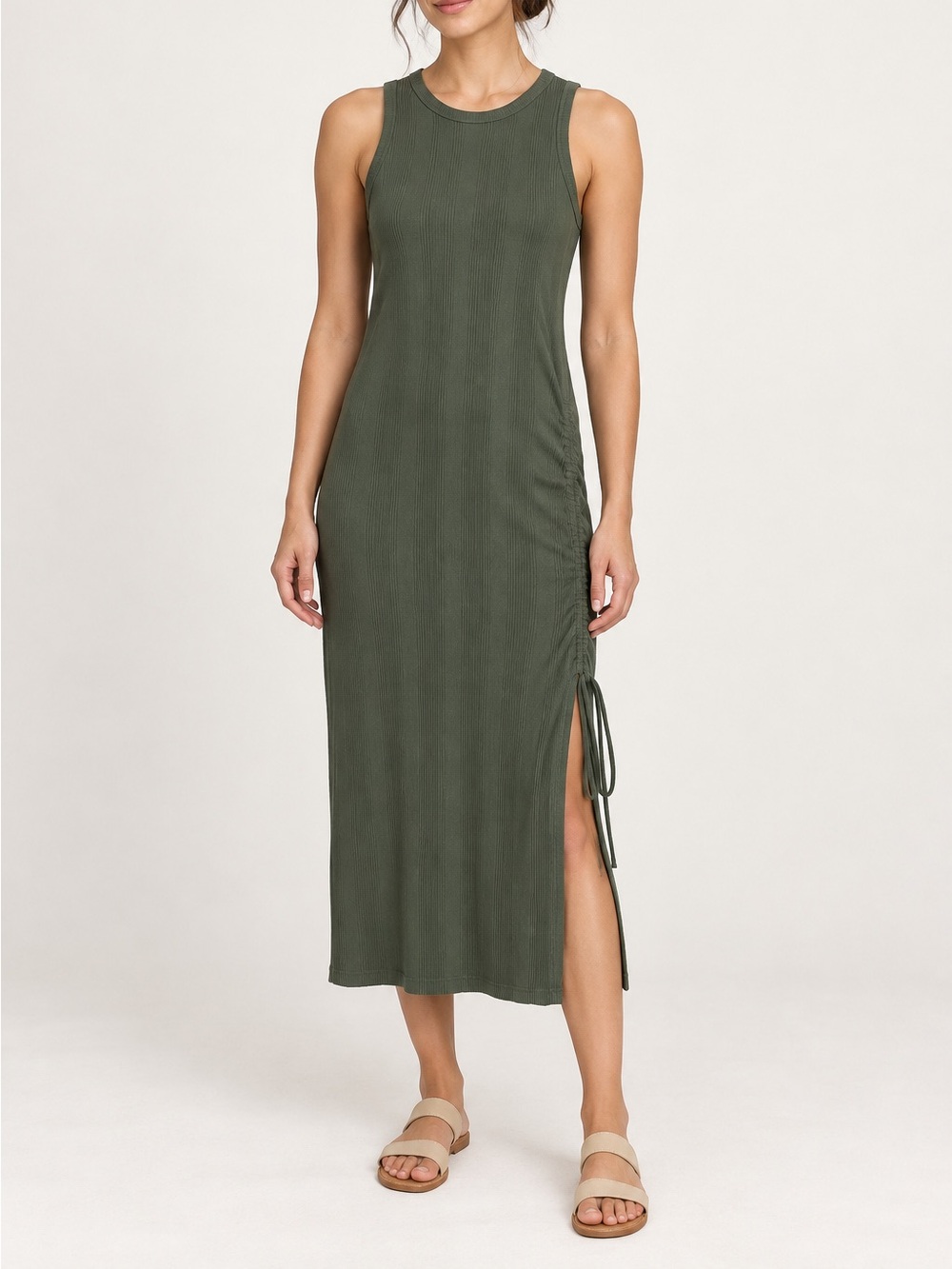 Olive Green Ribbed Midi Dress Aerie Small Ruched Side Slit Sleeveless Cotton NWT